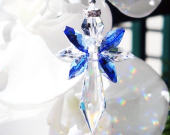 Guardian Angel Car Charm, Blue Crystal Rear View Mirror Charm, Crystal Suncatcher Angel for Car, Memorial Gift, Gifts for Her