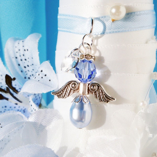 Something Blue Wedding Bouquet Charm, Swarovski Crystal and Pearl Angel Bridal Bouquet Charms, Bridal Shower Gift, Something Blue Bride
