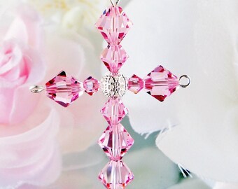 Crystal Cross with Angel Car Charm, Rear View Mirror Charm, Pink Car Accessories, Swarovski Crystal Cross Car Charm, Gifts for Her
