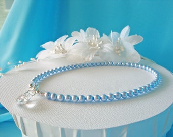 Something Blue Ankle Bracelet, Crystal and Pearl Anklet, Something Blue Gift, Something Blue for Bride, Wedding Jewelry