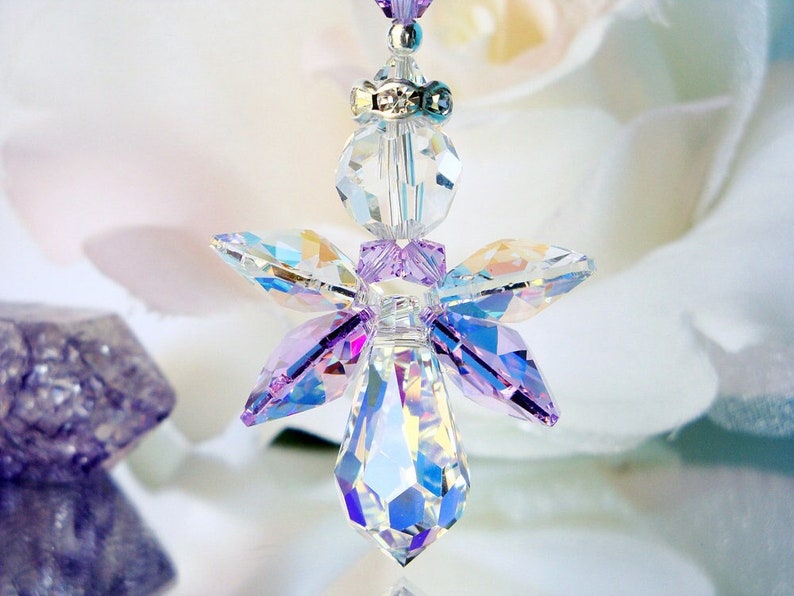 Purple Angel Rear View Mirror Charm, Swarovski Crystal Guardian Angel Car Accessories, Angel Suncatcher for Car, Mothers Day Gift image 1