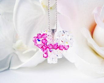 RESERVED LISTING Swarovski Crystal Heart with Pink Ribbon Necklace