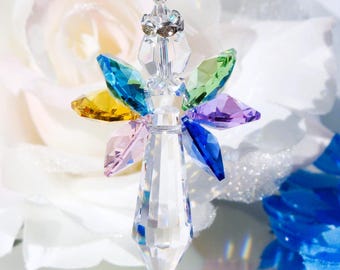 Rainbow Crystal Angel Rear View Mirror Charm, Angel Car Charm, Memorial Gift