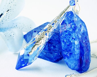 Swarovski Crystal Necklace, Sapphire Blue Single Point Crystal Pendant with 18 or 24 inch Chain