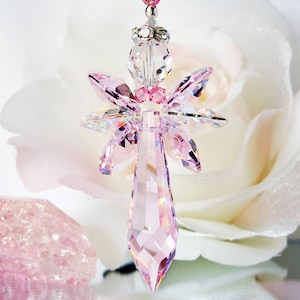 Crystal Guardian Angel to hang from the rear view mirror in a car. Created with Light Pink and Clear Swarovski Crystals.