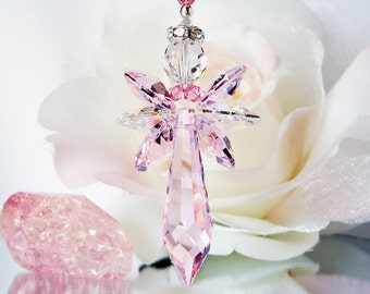 Crystal Angel Suncatcher, Car Mirror Charm, Lt. Pink Car Accessories, Rear View Mirror Charm, Angel Memorial Gift, Mothers Day Gift