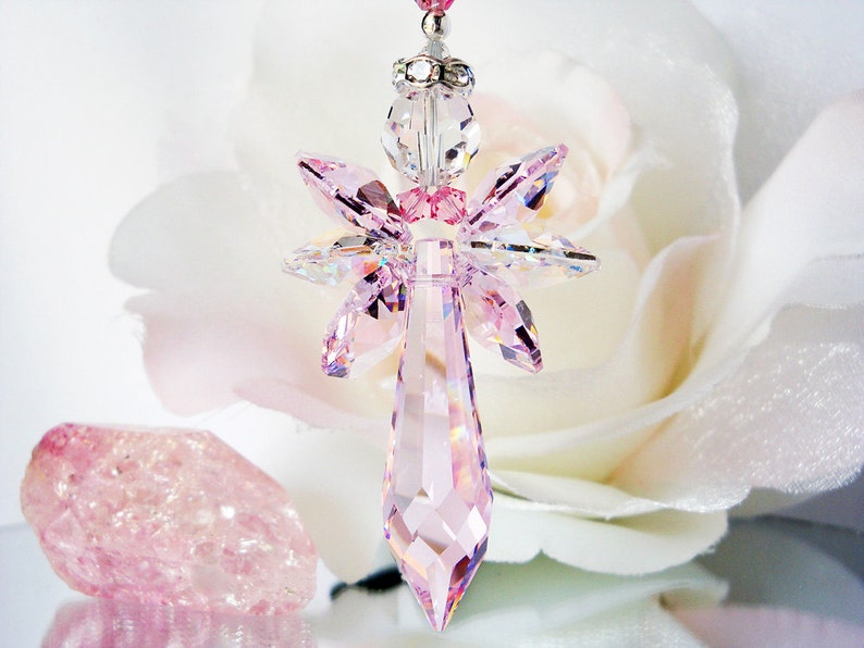 Crystal Guardian Angel to hang from the rear view mirror in a car. Created with Light Pink and Clear Swarovski Crystals.