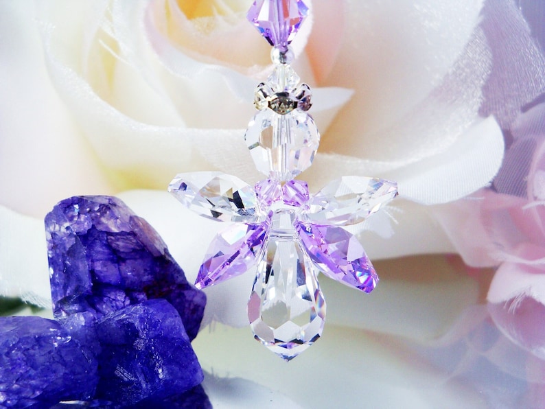 Purple Angel Rear View Mirror Charm, Swarovski Crystal Guardian Angel Car Accessories, Angel Suncatcher for Car, Mothers Day Gift image 2