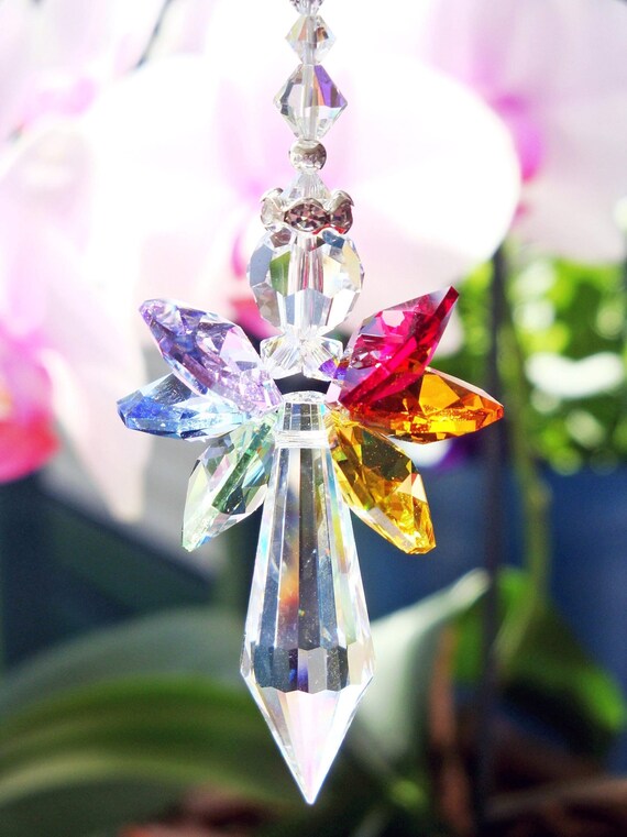 Guardian Angel Car Charm Swarovski Crystal Suncatcher Chakra Rainbow Rear View Mirror Charm Angel Memorial Gift Gifts for Her Etsy