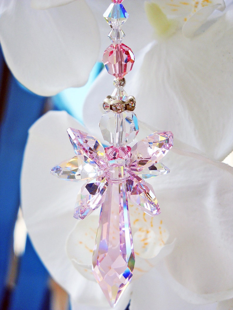 Crystal Angel Suncatcher, Car Mirror Charm, Lt. Pink Car Accessories, Rear View Mirror Charm, Angel Memorial Gift, Mothers Day Gift image 3