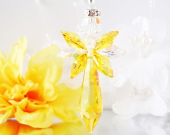 Guardian Angel Car Charm, Swarovski Crystal Suncatcher, Yellow Car Mirror Accessories, Rear View Mirror, Memorial Gift, Mothers Day Gift