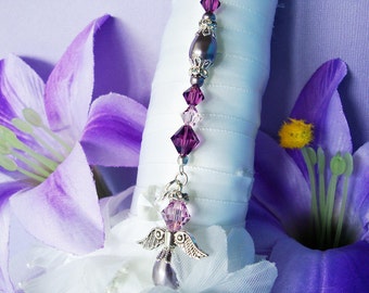 Purple Wedding Bouquet Charm, Amethyst Swarovski Crystal and Pearl, Angel Bouquet Charm, Bouquet Accessories