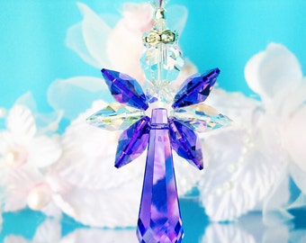 Guardian Angel Car Charm, Purple Swarovski Crystal Rear View Mirror Car Accessories, Angel Memorial Gift, Mothers Day Gift