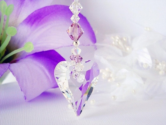 Rear View Mirror Charm, Purple Car Accessories, Swarovski Crystal Rearview Mirror Charm, Crystal Heart Car Charm, Gifts for Her