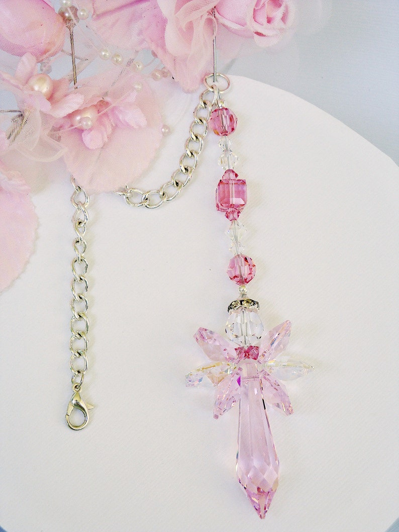 Crystal Angel Suncatcher, Car Mirror Charm, Lt. Pink Car Accessories, Rear View Mirror Charm, Angel Memorial Gift, Mothers Day Gift image 5