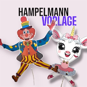 Könnte beinhalten: Zwei bunte Papierpuppen, ein Clown mit roter Nase und ein Einhorn mit rosa Schleife, sind bereit zum Ausschneiden und Spielen. Der Text "HAMPELMANN VORLAGE" ist oben im Bild gedruckt.
