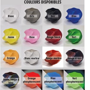 May include: A grid of colorful, abstract-shaped containers, each in a different color, including white, gray, black, blue, yellow, pink, red, green, orange, and marble. The text "COULEURS DISPONIBLES" is at the top, with color names below each container.
