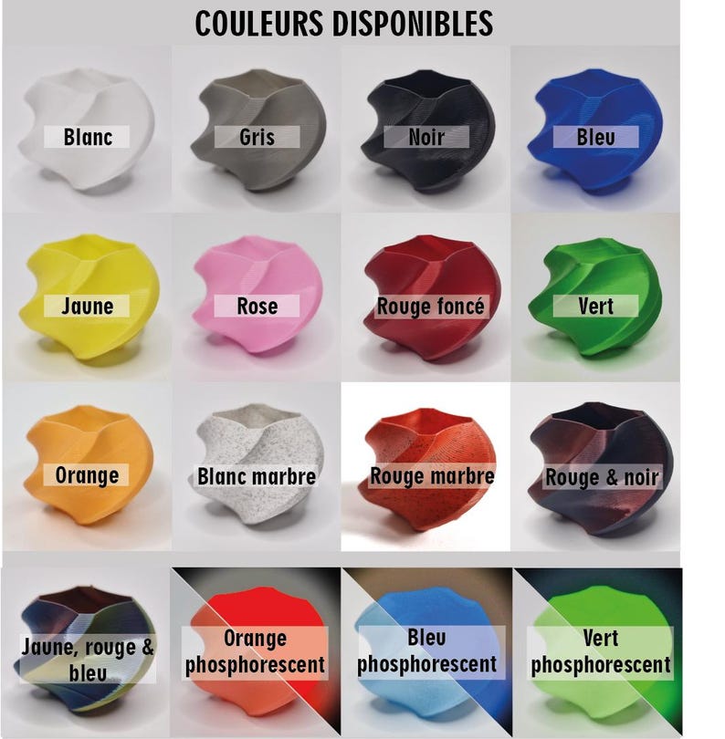 May include: A grid of colorful, abstract-shaped containers, each in a different color, including white, gray, black, blue, yellow, pink, red, green, orange, and marble. The text "COULEURS DISPONIBLES" is at the top, with color names below each container.