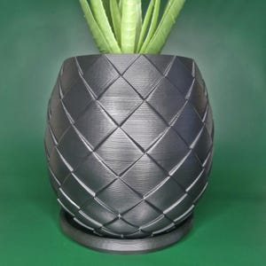 Peut inclure: Un pot de fleur gris foncé texturé avec un motif en losange, contenant une plante verte. Le pot repose sur une soucoupe assortie. Le design donne au pot un aspect unique et moderne, adapté à l'intérieur ou à l'extérieur.
