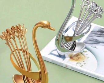 Vintage Silver Plated Swan Spoon & Fork Holder: Dessert Coffee Set. 1 base + 5 spoons + 5 forks