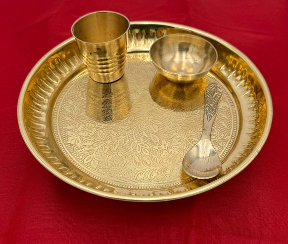 Brass Pooja Thali Set: Laddu Gopal Prashad Plate, 4-pc