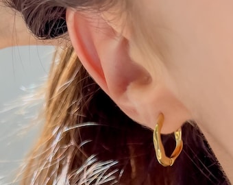 Gold Twist Hoop Earrings - Dainty Spiral Hoops | Waterproof Earrings | 14K Gold Lightweight Earrings | Aesthetic Oval Huggies | Holiday Gift