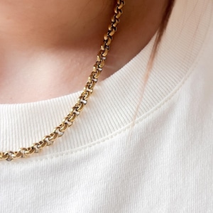 May include: A gold-colored chain necklace with a rounded link design. The necklace is worn over a white crew neck t-shirt. The image is a close-up, focusing on the necklace and the neckline of the shirt.