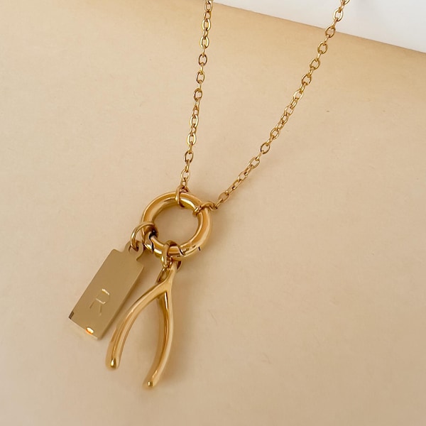 Initial Halskette, Wishbone Halskette | Waterptoof Charm personalisierte Schmuck | Zierliche Initial Halskette für Mütter | Perfektes Geschenk für sie