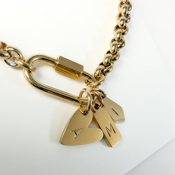 Karabiner Halskette - Chunky Charm Halter Halskette | Wasserdichte Halskette | Mixed Metal Rolo Kettenanhänger Bewahrer | Personalisiertes Geschenk für Mama