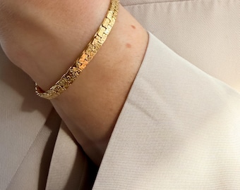 Hammered Gold Bracelet– Textured bracelet | Waterproof Bracelet | Vintage Flat Link Chain | Adjustable Gold plated Everyday Jewelry Gift