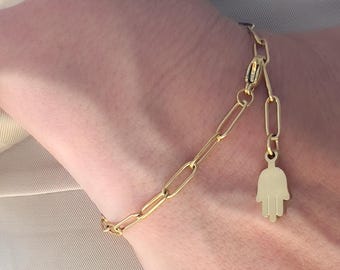 Gold Hamsa Paperclip Bracelet: Lucky Charm Protection Jewelry