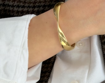 Thick Gold Bangle - 14K Gold Twisted Chunky Bangle | Classic Open Bangle Bracelet | Gold Arm Cuff | Aesthetic Gift For Her