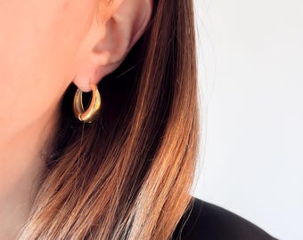 May include: A pair of gold hoop earrings. The earrings are thick and have a smooth, polished finish.