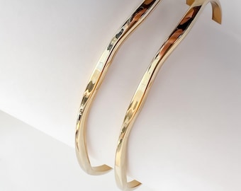 Gold Waterproof Bangle - 14K Gold Wave Thin Bangle | Classic Open Bangle Bracelet | Slip On Bangle Cuff | Aesthetic Gift For Her