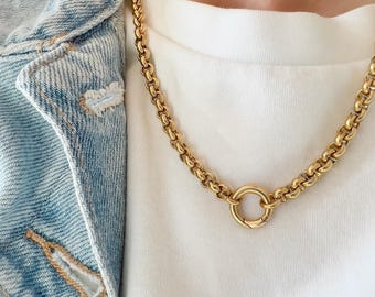 Chunky Charm Necklace – Rolo Chain | Waterproof Necklace | 14K Gold Charm Holder Necklace | Hand Stamped Initial Charms