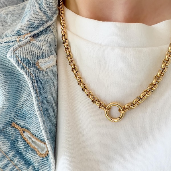 Chunky Charm Necklace – Rolo Chain | Waterproof Necklace | 14K Gold Charm Holder Necklace | Hand Stamped Initial Charms