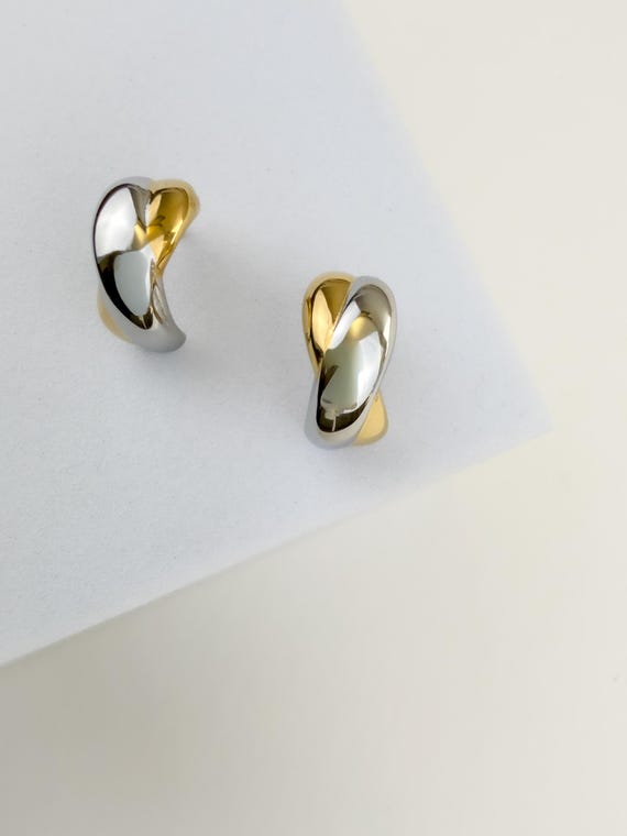 Twist Hoop Earrings: 14K Gold Silver Hoops | Mixed Metal Jewelry | Thick Huggie Earrings | Two Tone Aesthetic Earrings | Mother Day Gift