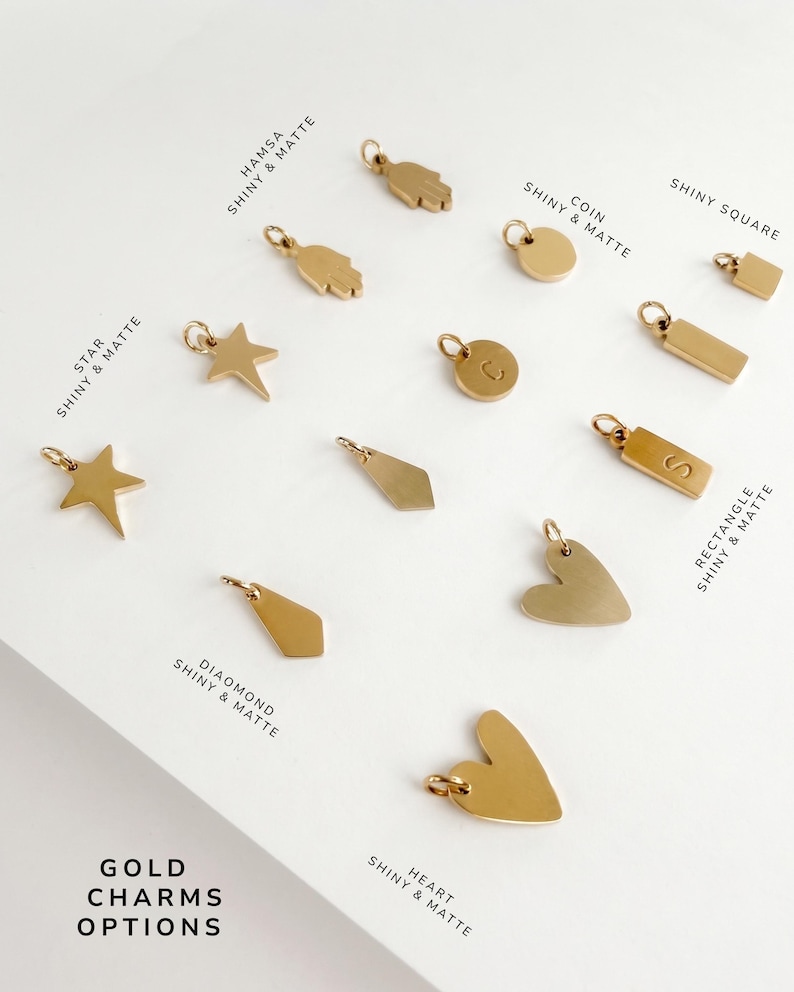 May include: A collection of gold-toned metal charms in various shapes including hamsa, coin, star, diamond, rectangle, square, and heart. Each charm features a small jump ring for attachment. Text labels identify the shapes and finishes as shiny and matte.