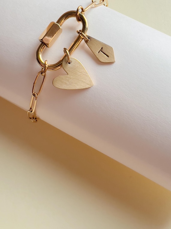 Custom Charm Bracelet | Waterproof Personalized Jewelry | Carabiner Initial Bracelet | Gold Paperclip personalized gifts for Mother's Day