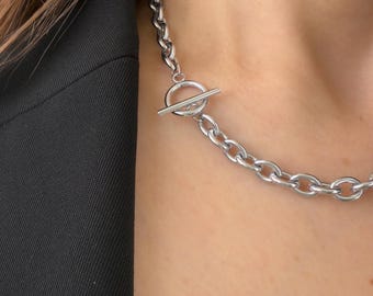 Chunky Silver Necklace – Toggle Clasp Necklace | Waterproof Necklace | Chunky Cable Chain | Oval Thick Chain |  Everyday Statement Chain