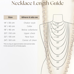 Puede incluir: Una gu&iacute;a de longitud de collar con el texto Necklace Length Guide, una tabla que enumera tama&ntilde;os de 35 cm a 60 cm con posiciones correspondientes y un diagrama que muestra longitudes de collar de 14 a 36 pulgadas sobre un contorno de cuello.