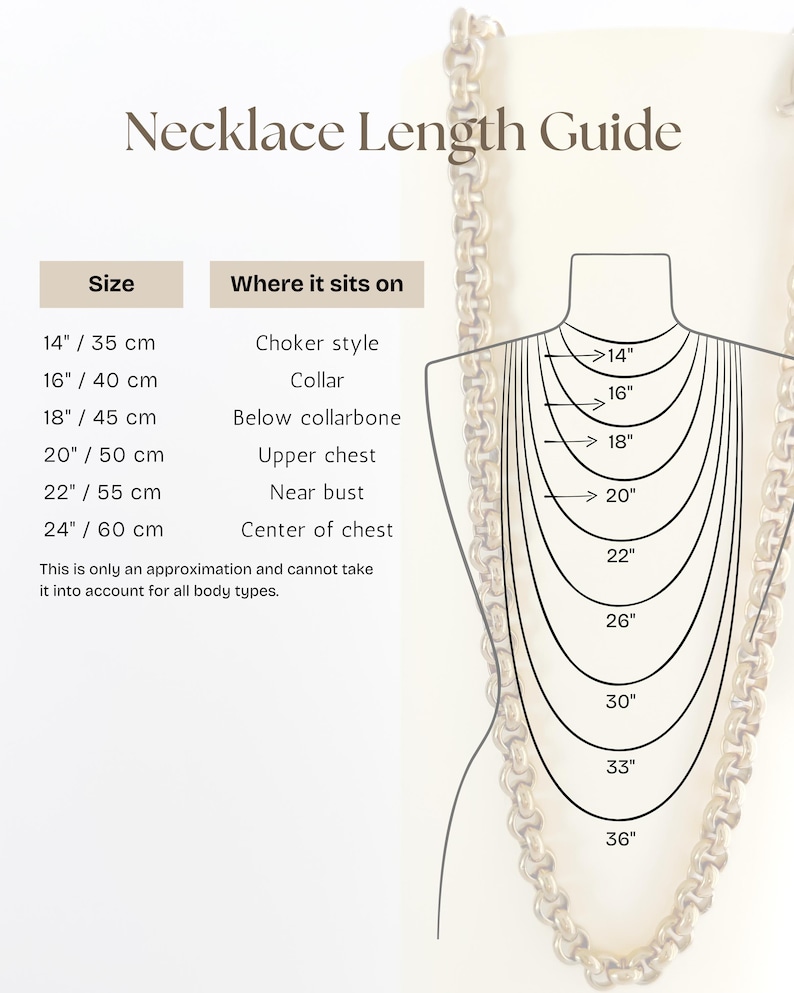 Puede incluir: Una gu&iacute;a de longitud de collar con el texto Necklace Length Guide, una tabla que enumera tama&ntilde;os de 35 cm a 60 cm con posiciones correspondientes y un diagrama que muestra longitudes de collar de 14 a 36 pulgadas sobre un contorno de cuello.