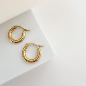 May include: A pair of gold-colored hoop earrings. The earrings are small, circular, and have a polished finish. They are displayed on a white surface, with a clean and minimalist aesthetic. The earrings are a classic jewelry item.