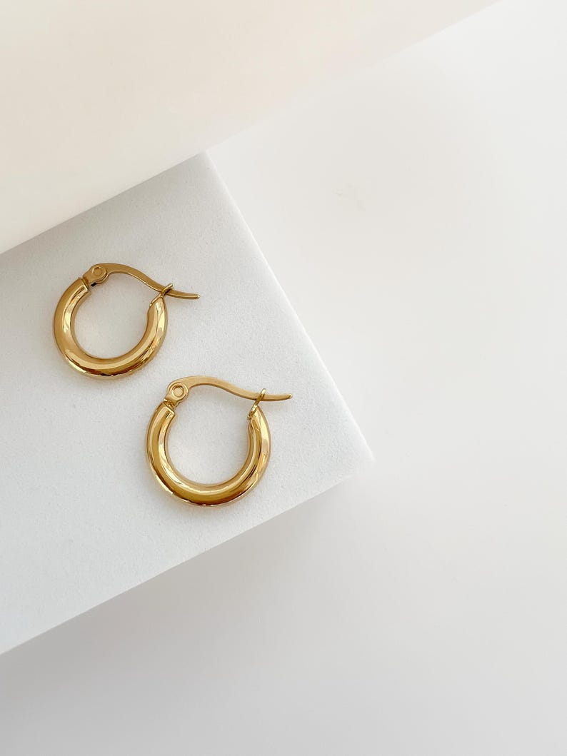 May include: A pair of gold-colored hoop earrings. The earrings are small, circular, and have a polished finish. They are displayed on a white surface, with a clean and minimalist aesthetic. The earrings are a classic jewelry item.