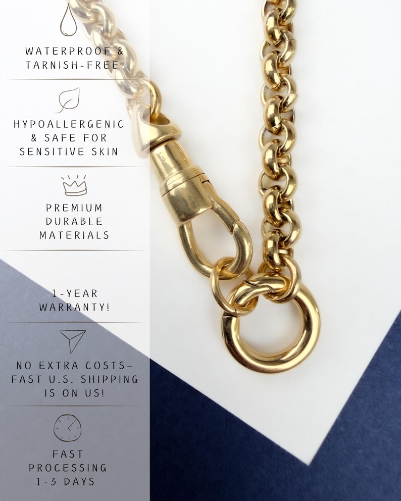 May include: A gold-toned rolo chain necklace featuring a lobster claw clasp and a circular pendant ring. The image includes text: WATERPROOF & TARNISH-FREE, HYPOALLERGENIC & SAFE FOR SENSITIVE SKIN, PREMIUM DURABLE MATERIALS, 1-YEAR WARRANTY!, FAST PROCESSING.