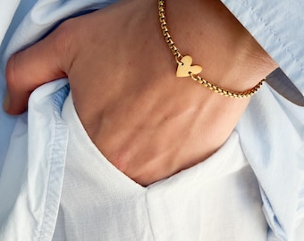Heart Bracelet – Box Rolo Chain Bracelet | Waterproof Necklace | 14K Gold Asymmetrical Heart Bracelet | Mother's Day Gift