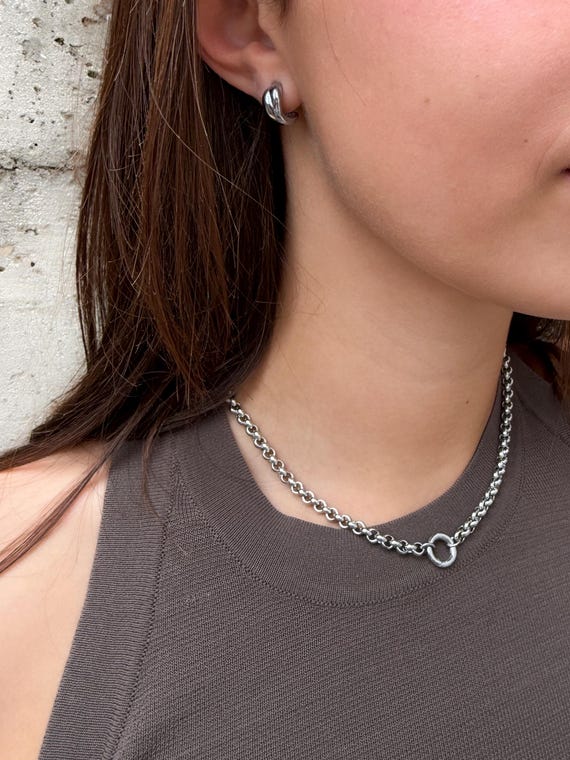 Silver Rolo Chain - Charm Holder Necklace | Waterproof Necklace | Chunky Silver Jewelry | 5mm Platinum Plated Rolo Chain | Personalized Gift