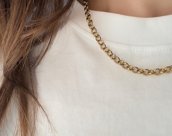 Gold Chain Necklace – Rolo Chain | Waterproof Necklace | Belcher Circle Chain | 14K Gold Links Chunky Necklace | Aesthetic Gift for Holiday