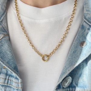 Chunky Charm Halskette - Rolo Kette | Wasserdichte Halskette | 14K Gold Anhänger Halskette | Handgestempelt Initial Charms