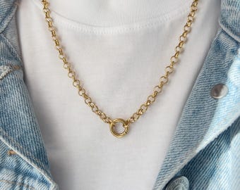 Chunky Charm Necklace – Rolo Chain | Waterproof Necklace | 14K Gold Charm Holder Necklace | Hand Stamped Initial Charms